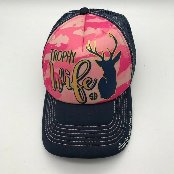 Simply Southern "Trophy Wife" Hat Pink Camo Womens Baseball Cap Mesh Buckle Back - Picture 1 of 7